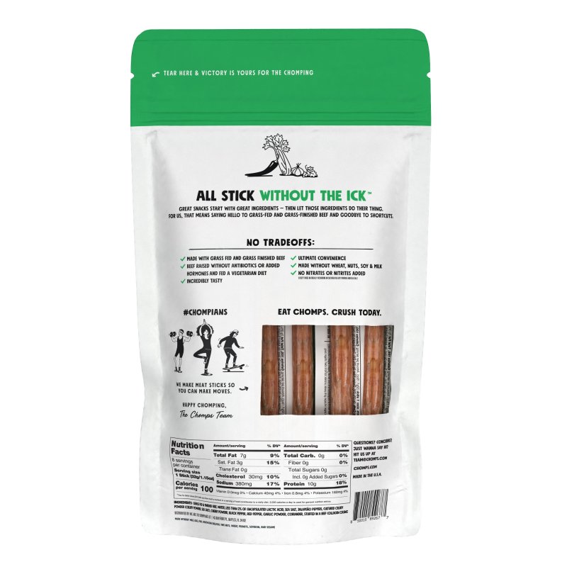 CHOMPS GRASS-FED JALAPEñO BEEF JERKY MEAT SNACK 8 PACK 1.15OZ STICKS