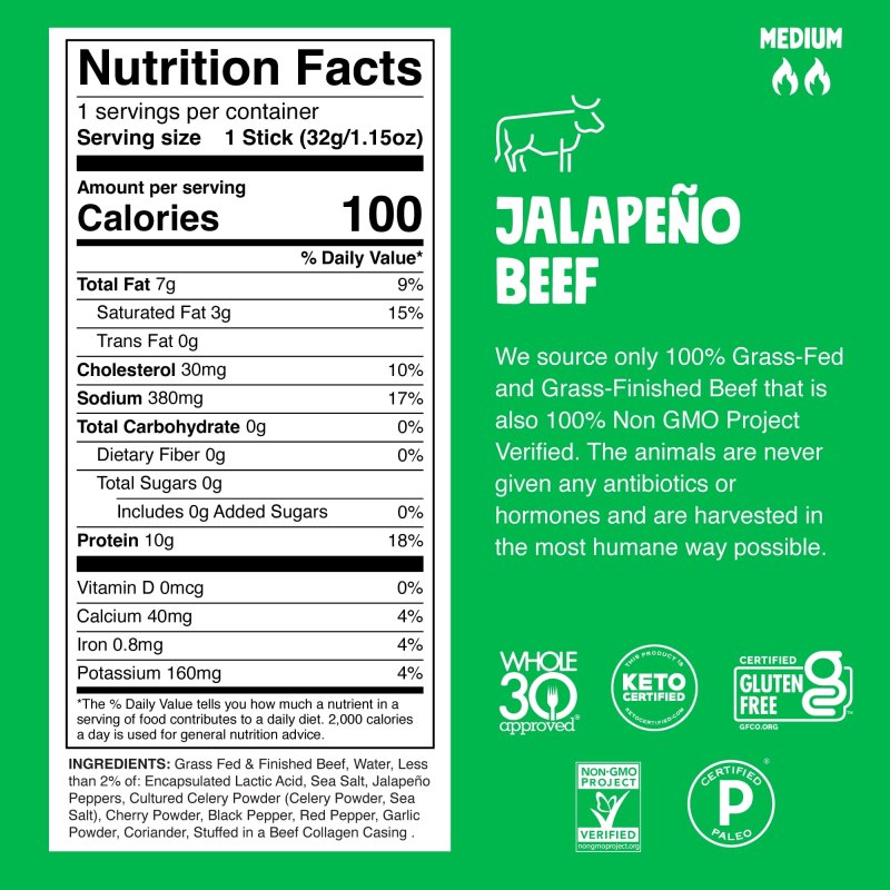CHOMPS GRASS-FED JALAPEñO BEEF JERKY MEAT SNACK 8 PACK 1.15OZ STICKS
