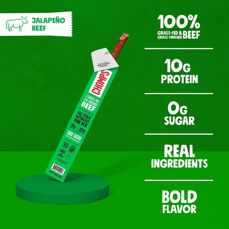CHOMPS GRASS-FED JALAPEñO BEEF JERKY MEAT SNACK 8 PACK 1.15OZ STICKS