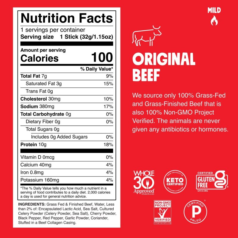 CHOMPS GRASS-FED AND FINISHED MSF2 ORIGINAL BEEF JERKY SNACK STICKS 10 PACK