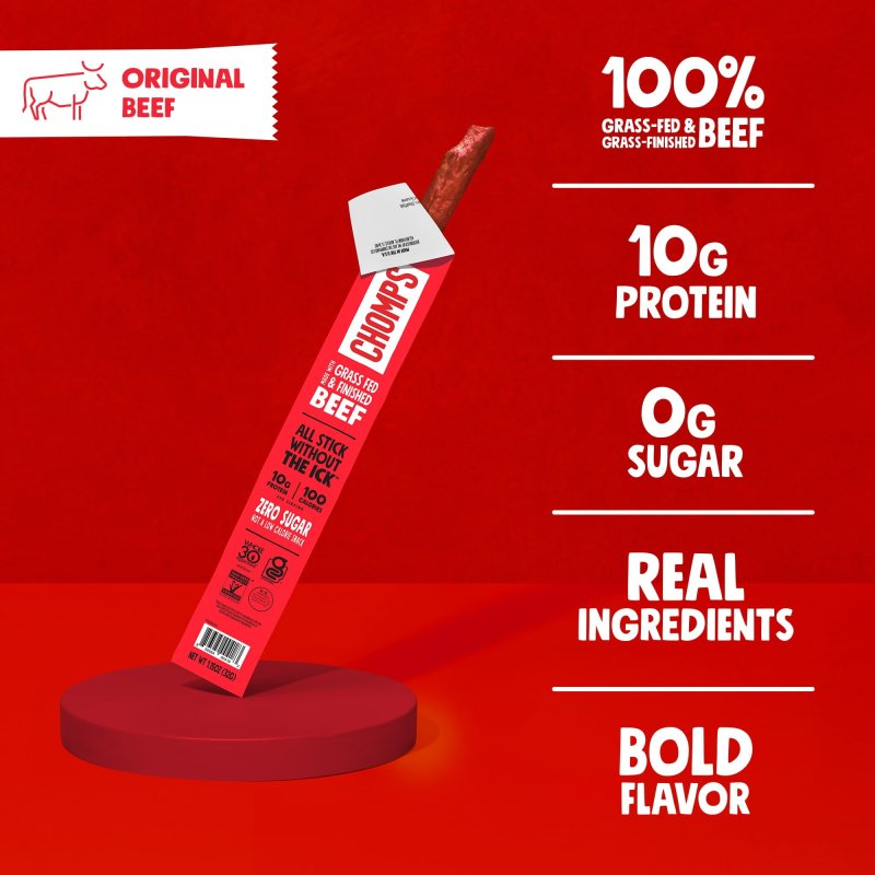 CHOMPS GRASS-FED AND FINISHED MSF2 ORIGINAL BEEF JERKY SNACK STICKS 10 PACK
