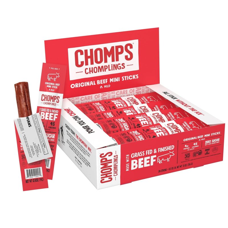 CHOMPS  SNACK GRASS FED BEEF JERKY MEAT STICKS KETO PALEO WHOLE30 APPROVED SUGAR FREE LOW CARB ORIGINAL BEEF 24 PACK