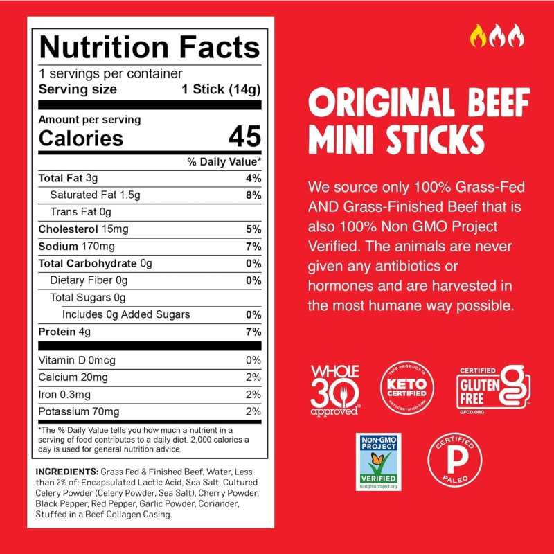 CHOMPS  SNACK GRASS FED BEEF JERKY MEAT STICKS KETO PALEO WHOLE30 APPROVED SUGAR FREE LOW CARB ORIGINAL BEEF 24 PACK