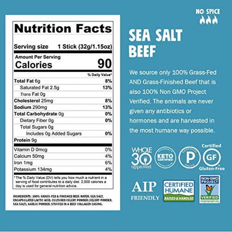 CHOMPS  GRASS FED BEEF JERKY STICKS FOR AIP, KETO, PALEO, WHOLE30 DIETS - SEA SALT FLAVOR (10 PACK)