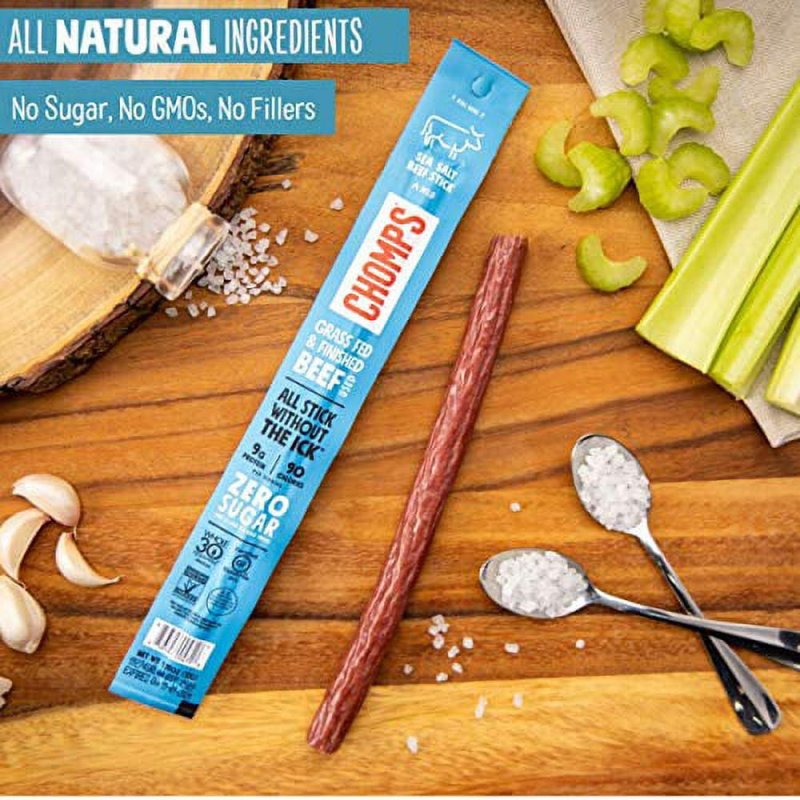CHOMPS  GRASS FED BEEF JERKY STICKS FOR AIP, KETO, PALEO, WHOLE30 DIETS - SEA SALT FLAVOR (10 PACK)