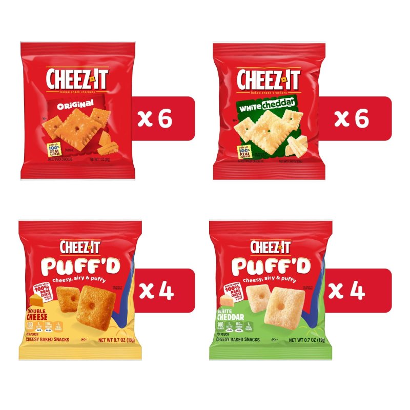 CHEEZ-IT CHEESE CRACKERS BAKED STF9 SNACK CRACKERS VARIETY PACK 1772OZ BOX 20 POUCHES