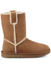 UGG WOMEN'S BROWN MIXED MEDIA CLASSIC SHORT WINTER BOOTS WITH PULL TABS, ROUND TOE