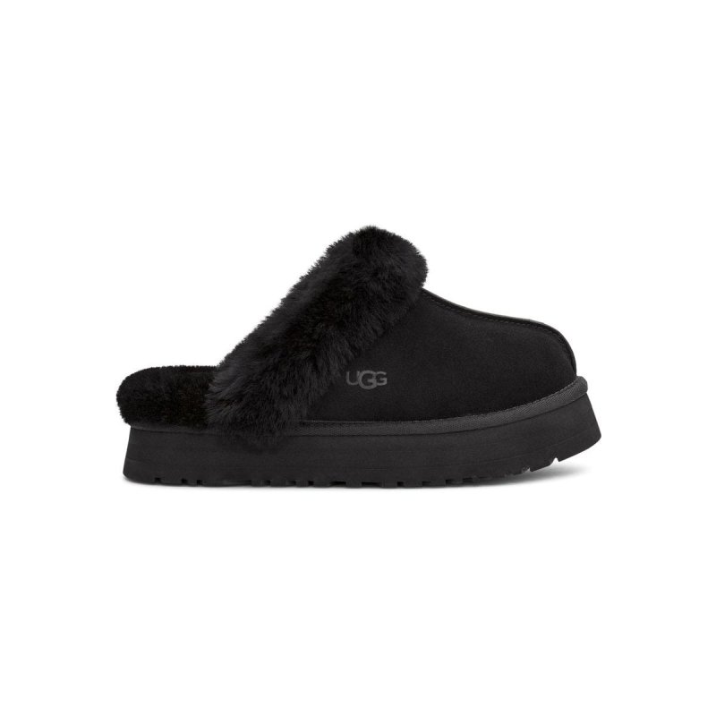 UGG DISQUETTE LEATHER FUR LINED CHUNKY SLIDE SLIPPERS