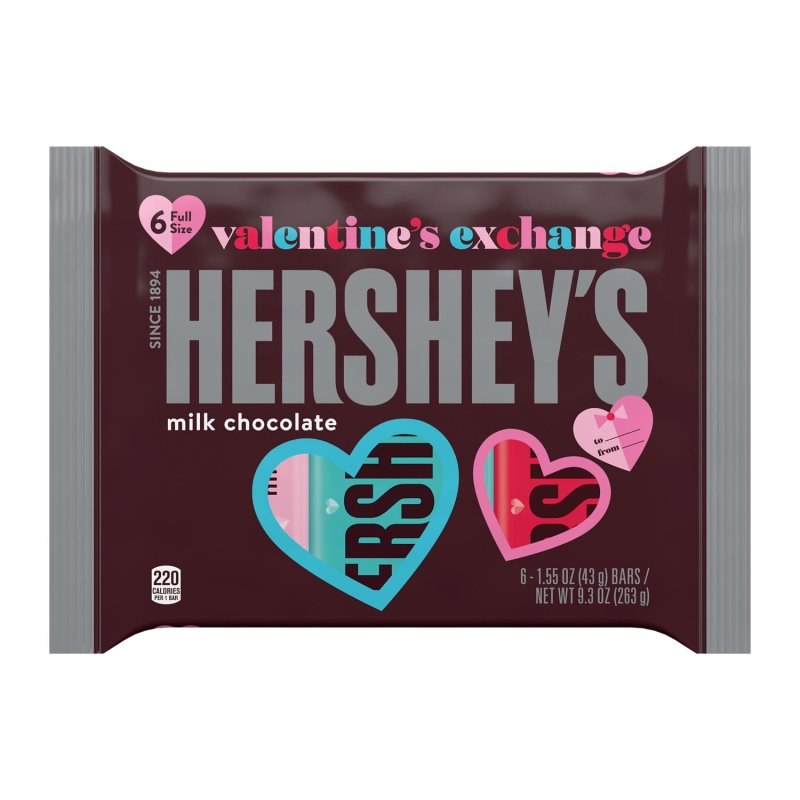HERSHEY MILK CHOCOLATE VALENTINE EXCHANGE CANDY BARS 1.55 OZ 6 COUNT