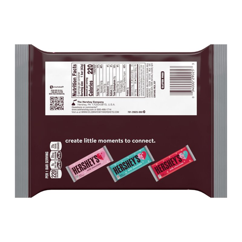 HERSHEY MILK CHOCOLATE VALENTINE EXCHANGE CANDY BARS 1.55 OZ 6 COUNT