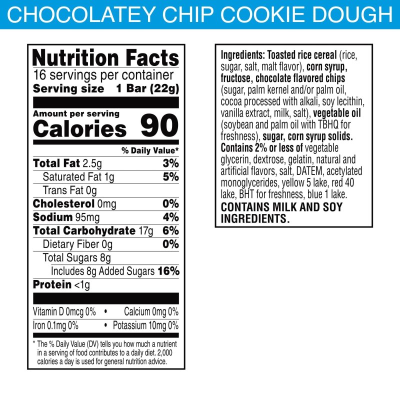 RICE KRISPIES TREATS CHOCOLATEY CHIP COOKIE DOUGH MARSHMALLOW SNACK BARS 12.4 OZ 16 COUNT