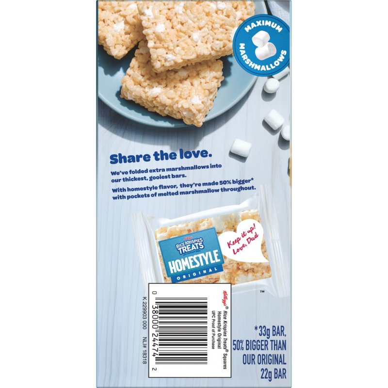 RICE KRISPIES TREATS HOMESTYLE ORIGINAL CHEWY CRISPY MARSHMALLOW SQUARES 6.98 OZ 6 COUNT