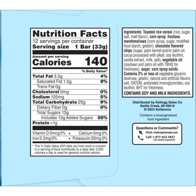 RICE KRISPIES TREATS HOMESTYLE CHOCOLATEY CHIP CHEWY CRISPY MARSHMALLOW SQUARES 13.96 OZ