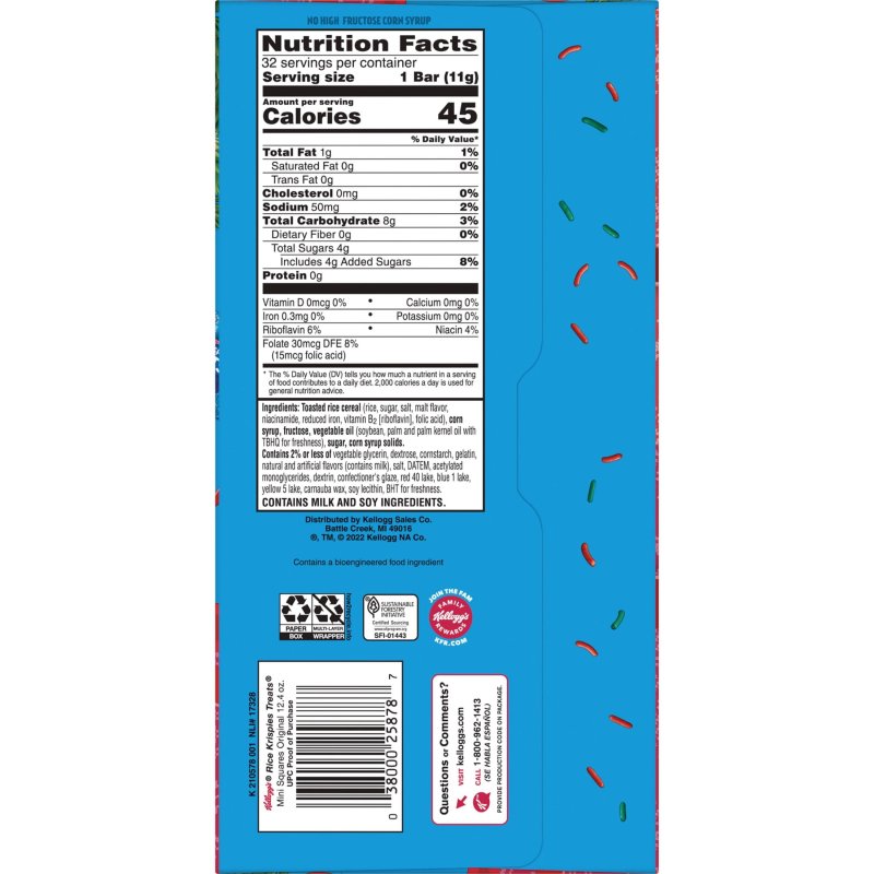 RICE KRISPIES TREATS ORIGINAL HOLIDAY SPRINKLES CHEWY MINI MARSHMALLOW SNACK BARS 12.4 OZ 32 COUNT