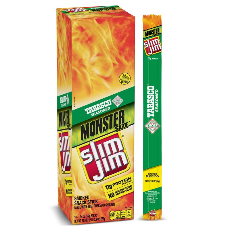 SLIM JIM MONSTER SIZE TABASCO SMOKED SNACK STICKS MONSTER MEAT STICKS 1.94 OZ 18 CT