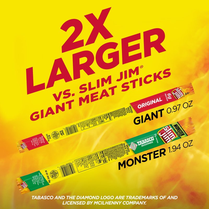 SLIM JIM MONSTER SIZE TABASCO SMOKED SNACK STICKS MONSTER MEAT STICKS 1.94 OZ 18 CT