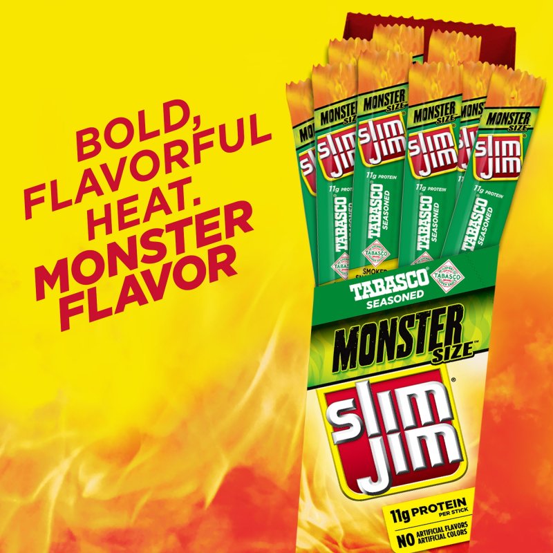 SLIM JIM MONSTER SIZE TABASCO SMOKED SNACK STICKS MONSTER MEAT STICKS 1.94 OZ 18 CT