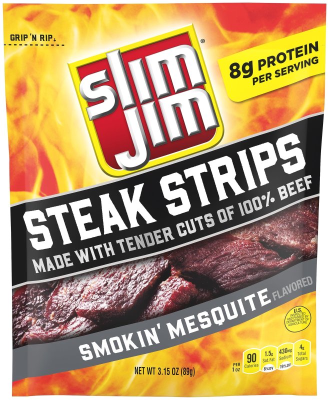 SLIM JIM STEAKHOUSE BEEF CM31 STEAK STRIPS SMOKIN MESQUITE FLAVOR MEAT SNACKS ON-THE-GO SCHOOL WORK TRAVEL SNACKS 3.15 OZ