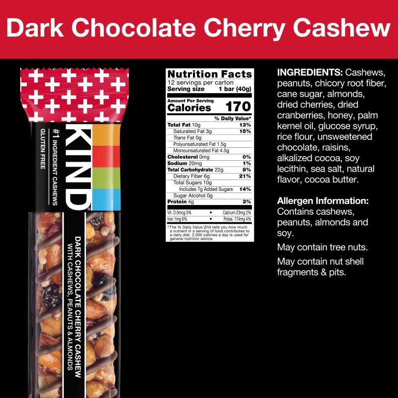 KIND GLUTEN FREE DARK CHOCOLATE CHERRY CASHEW SNACK BARS 1.4 OZ 12 COUNT