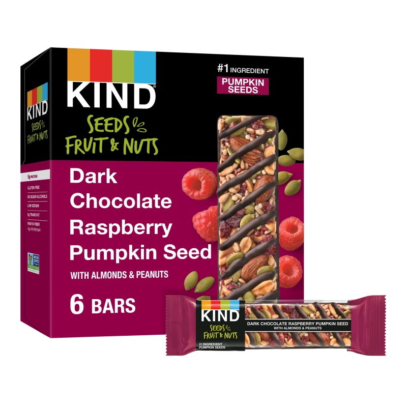 KIND SEEDS FRUIT NUTS SNACK BAR DARK CHOCOLATE RASPBERRY PUMPKIN SEED GLUTEN FREE 6 COUNT