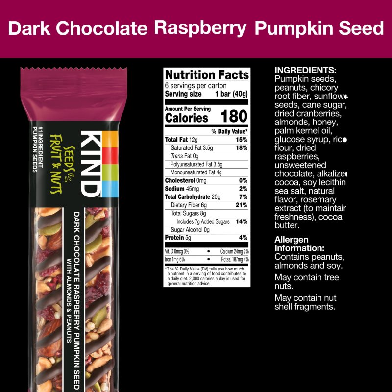 KIND SEEDS FRUIT NUTS SNACK BAR DARK CHOCOLATE RASPBERRY PUMPKIN SEED GLUTEN FREE 6 COUNT