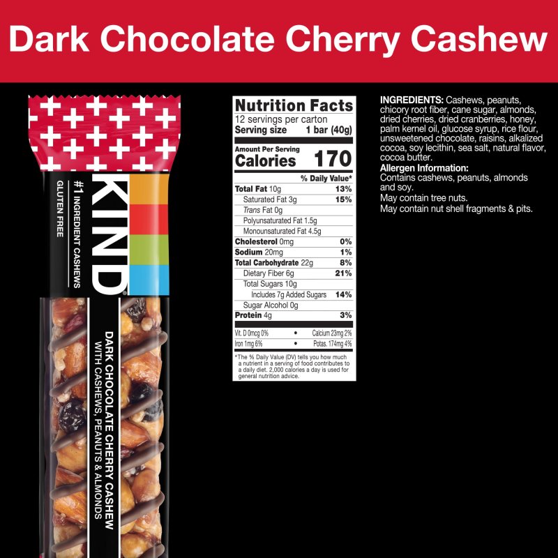 KIND GLUTEN FREE DARK CHOCOLATE CHERRY CASHEW SNACK VALUE PACK 1.4 OZ 12 COUNT BOX
