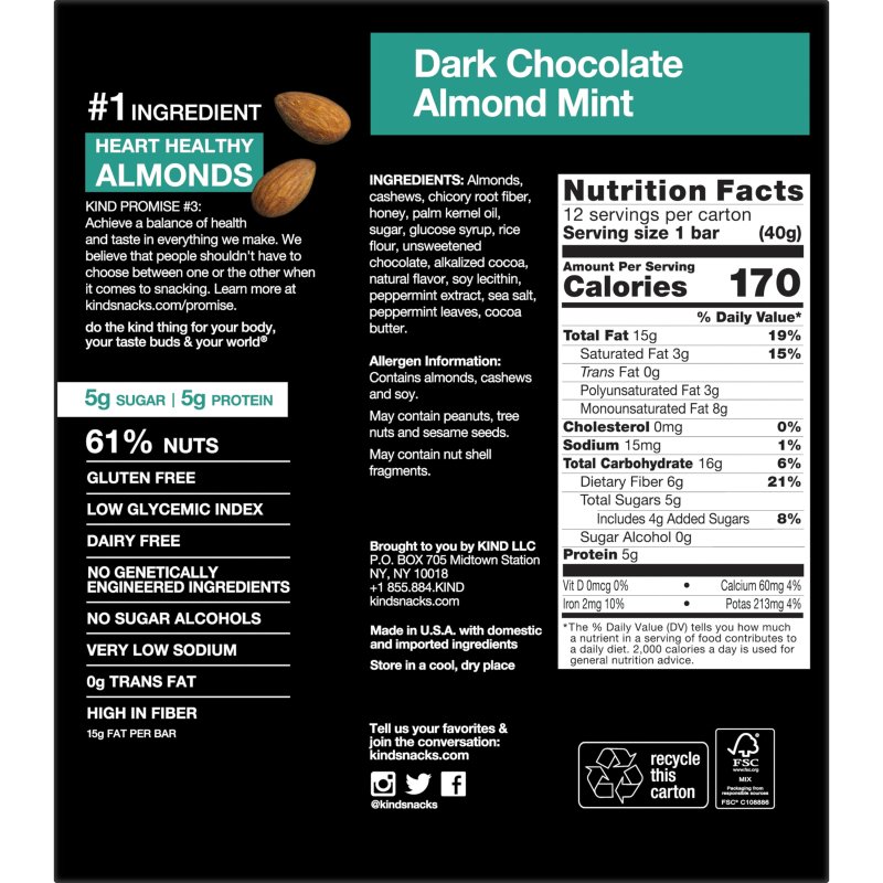 KIND DARK CHOCOLATE ALMOND MINT NUT BARS 1.4 OZ 12 CT