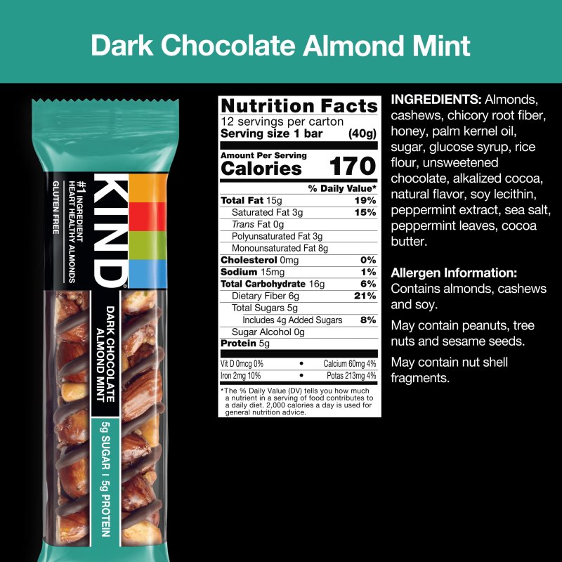 KIND DARK CHOCOLATE ALMOND MINT NUT BARS 1.4 OZ 12 CT