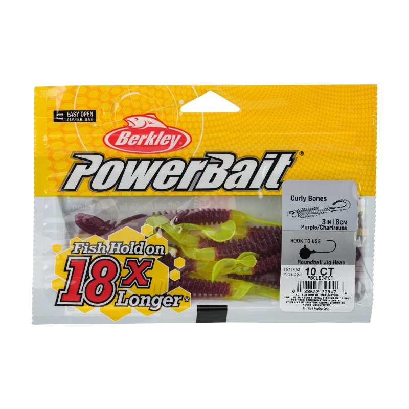 BERKLEY POWERBAIT CURLY BONES 3 INCH PURPLE CHARTREUSE SOFT BAIT