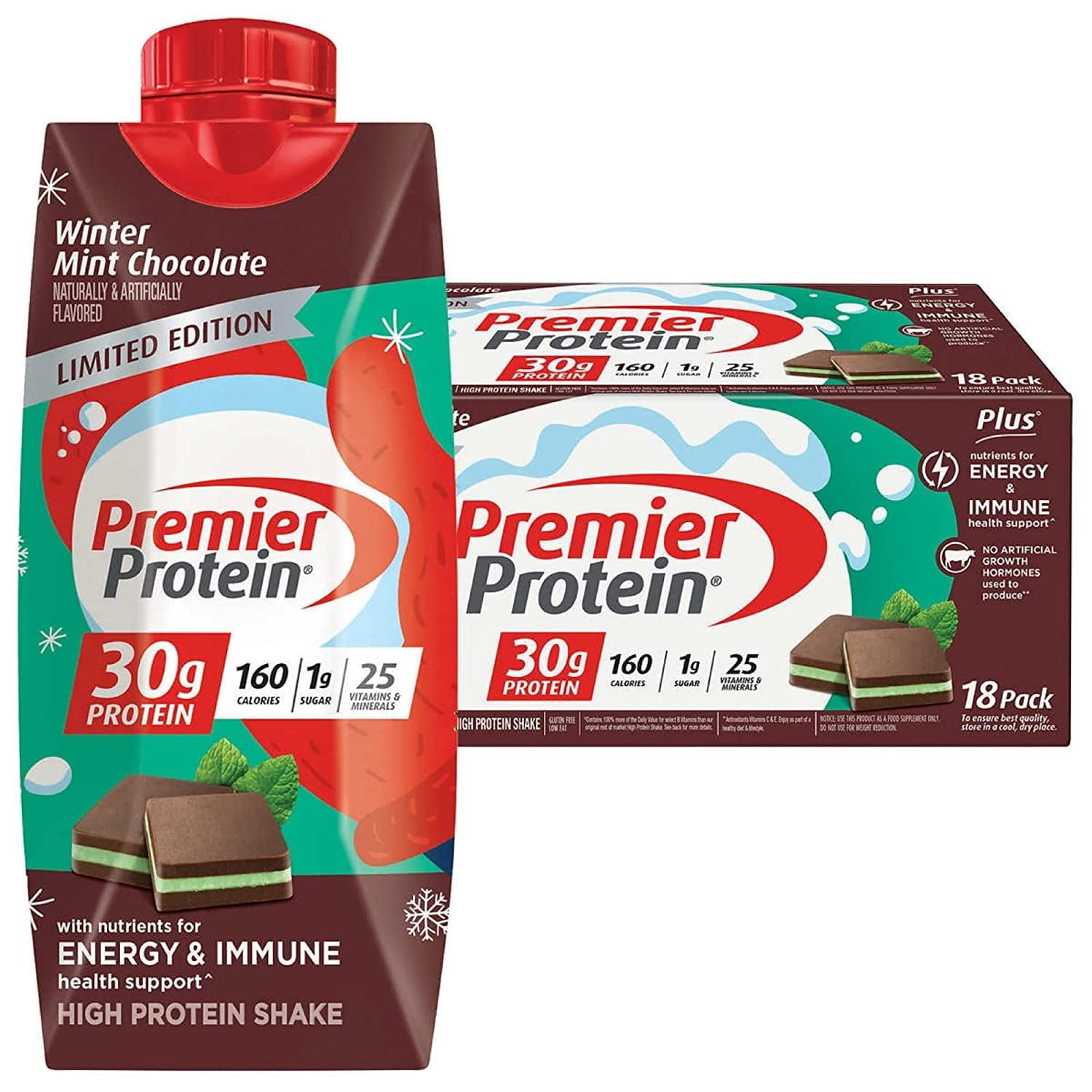 PREMIER PROTEIN SHAKES 11 FLUID OUNCE PACK OF 18 WINTER MINT CHOCOLATE FLAVOR