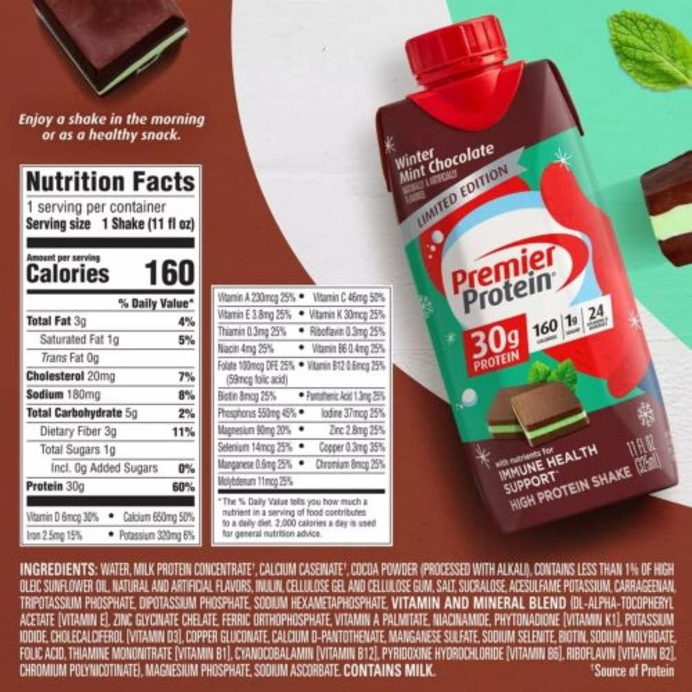 PREMIER PROTEIN SHAKES 11 FLUID OUNCE PACK OF 18 WINTER MINT CHOCOLATE FLAVOR