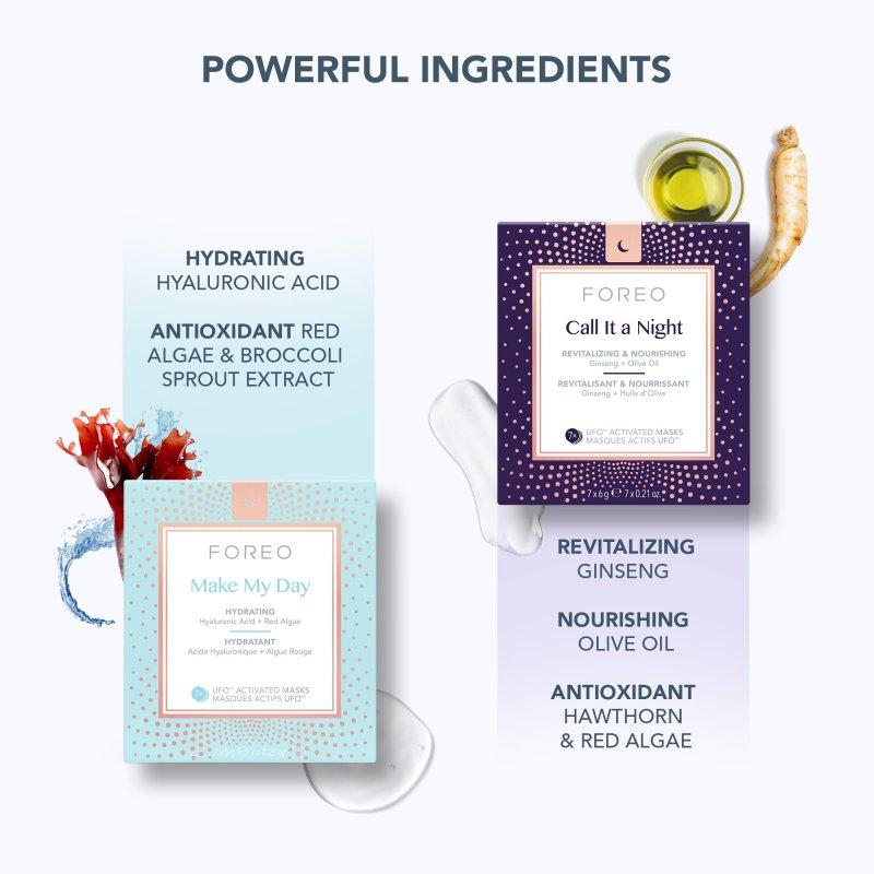FOREO HYPER HYDRA UFO 3 BUNDLE FACE MOISTURISER DEVICE 14 UFO ACTIVATED MASKS HYDRATING NIGHT MASK RED