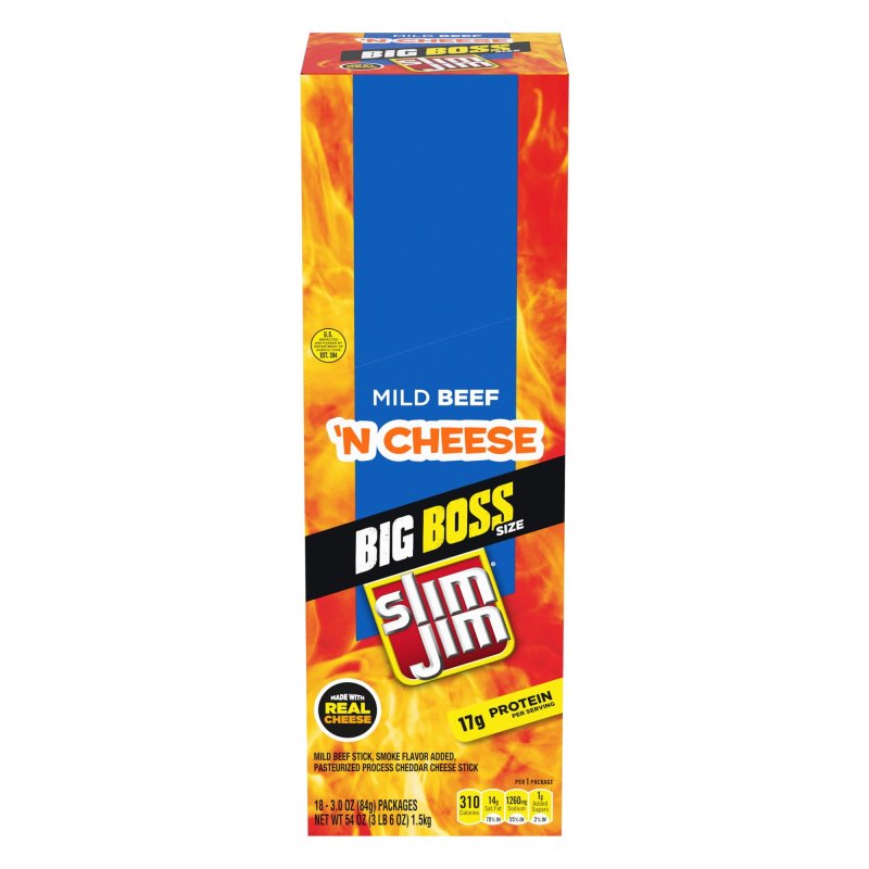 SLIM JIM BEEF N STF9 CHEESE SMOKED MEAT STICKS MILD FLAVOR 17G PROTEIN PER SERVING 3.0 OZ 18 COUNT