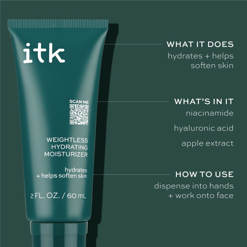 ITK SKINCARE WEIGHTLESS HYDRATING MOISTURIZER WITH HYALURONIC ACID AND VITAMIN E FOR ALL SKIN TYPES 2 OZ