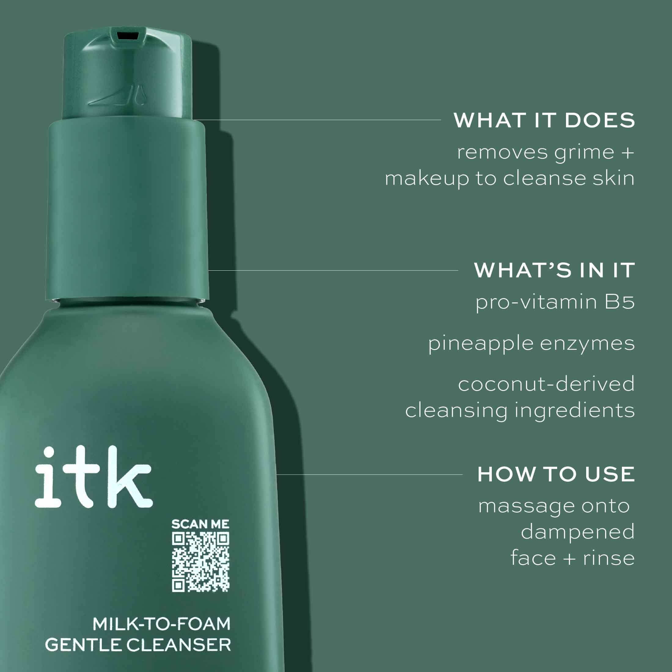 ITK SKINCARE MILK-TO-FOAM GENTLE CLEANSER WITH PROVITAMIN B5 2-IN-1 FACE WASH MAKEUP REMOVER 5 OZ