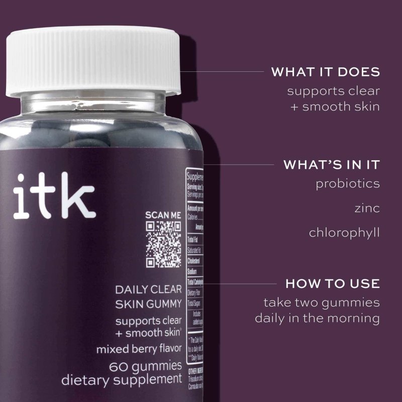 ITK DAILY CLEAR SKIN SUPPLEMENT PROBIOTICS ZINC MIXED BERRY 30-DAY SUPPLY 60 CT