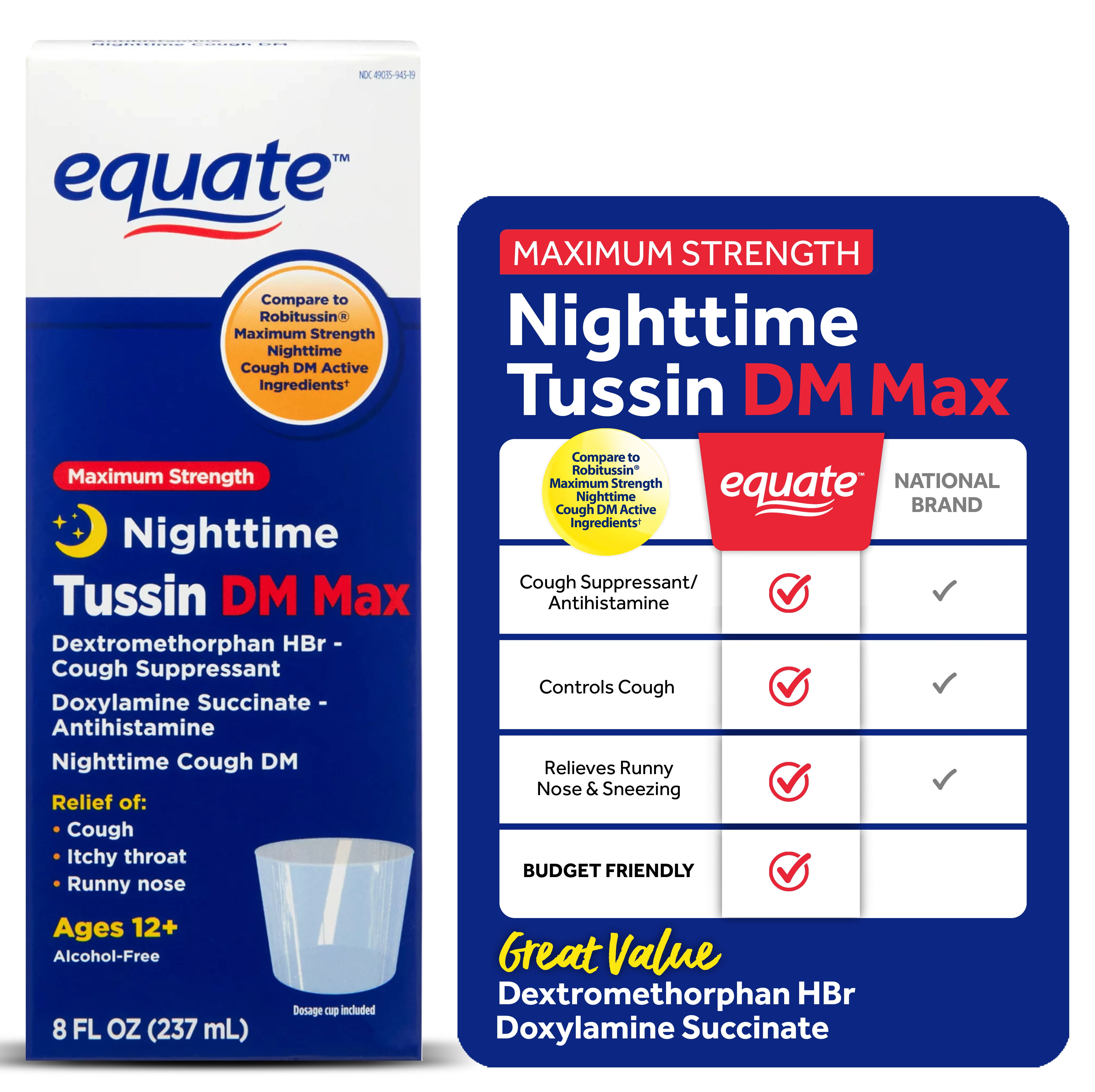 EQUATE NIGHTTIME COUGH SUPPRESSANT TUSSIN DM MAX LIQUID ALLERGY RELIEF 8 FL OZ
