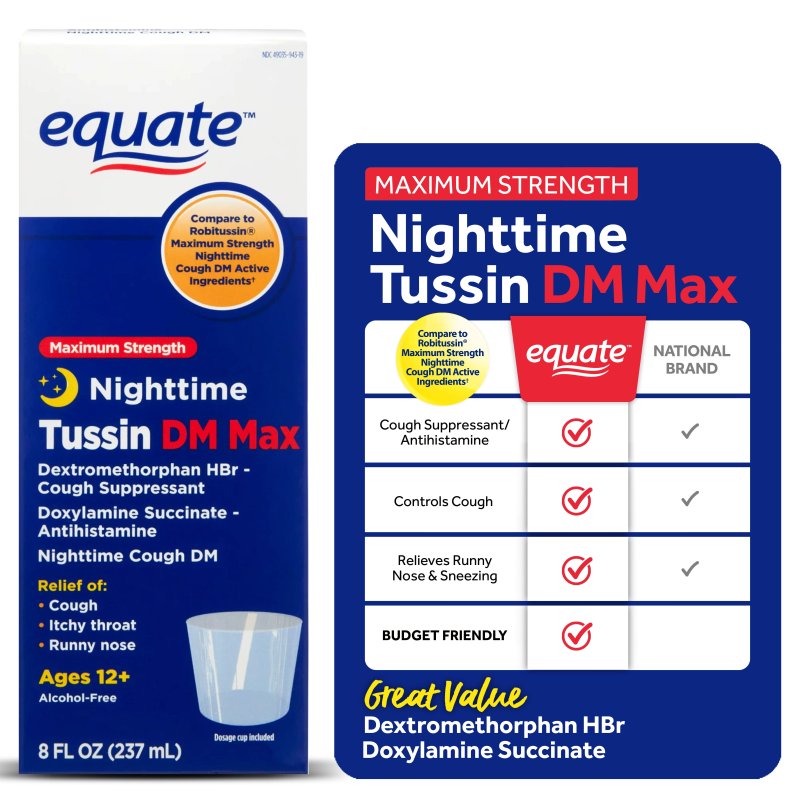 EQUATE NIGHTTIME COUGH SUPPRESSANT TUSSIN DM MAX LIQUID ALLERGY RELIEF 8 FL OZ