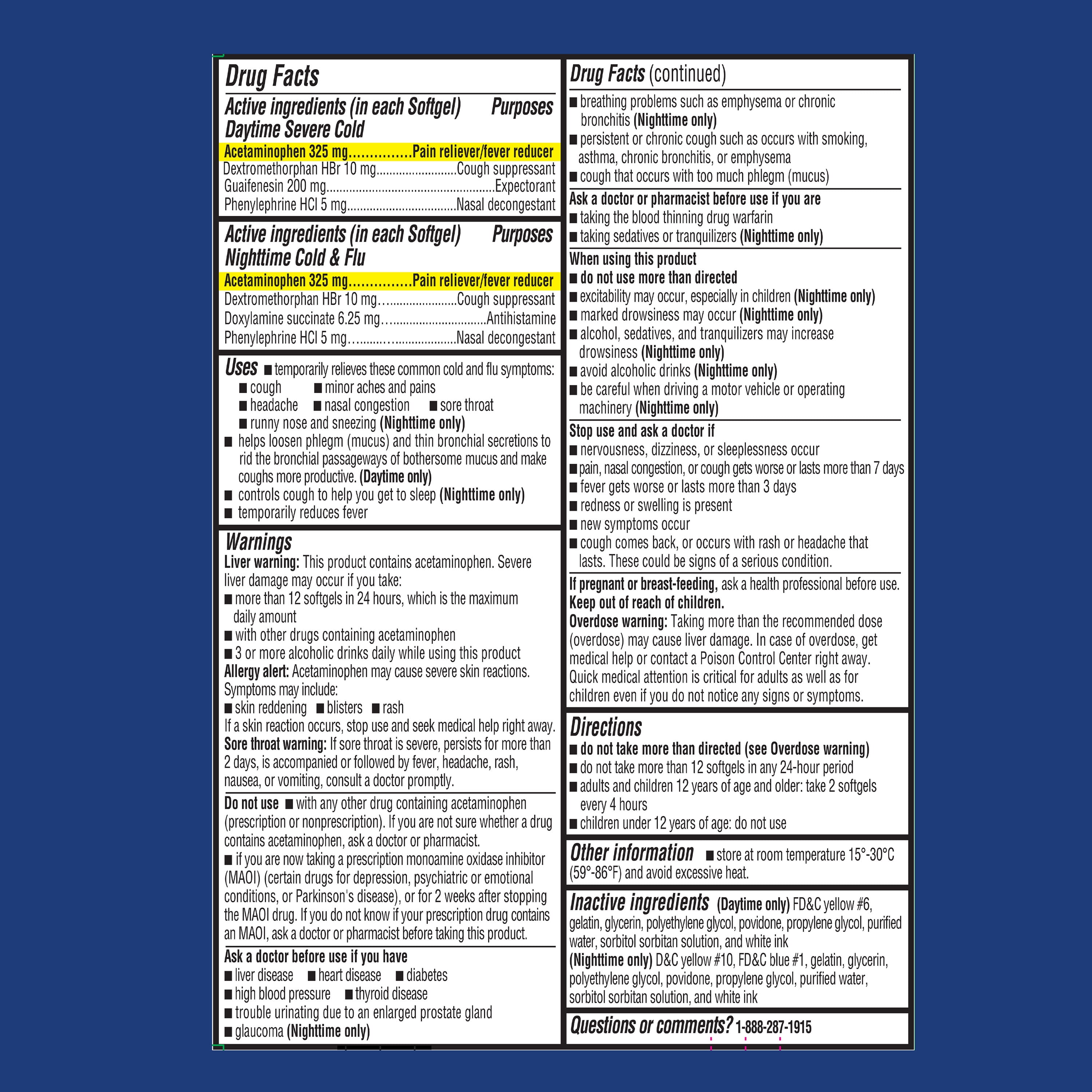 EQUATE MAXIMUM STRENGTH DAYTIME SEVERE COLD NIGHTTIME COLD FLU SOFTGELS 24 COUNT