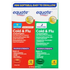 EQUATE DAY NIGHT MAXIMUM STRENGTH COLD FLU SOFTGELS, 16 TABLETS