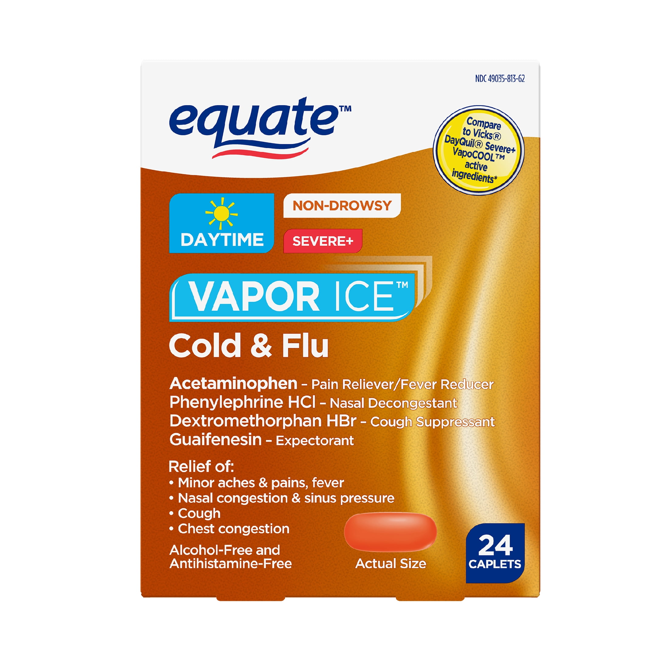 EQUATE NON-DROWSY VAPOR ICE DAYTIME SEVERE COLD FLU CAPLETS 24 COUNT