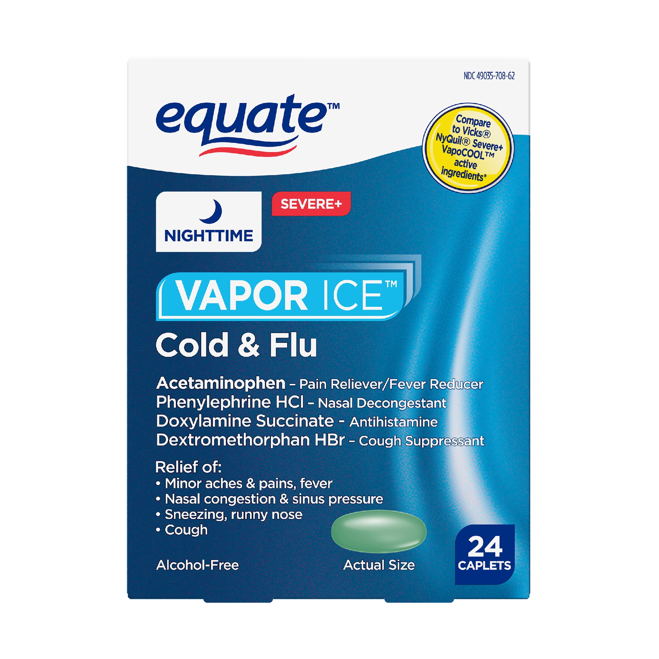 EQUATE NIGHTTIME VAPOR ICE SEVERE COLD FLU COATED CAPLETS 24 COUNT
