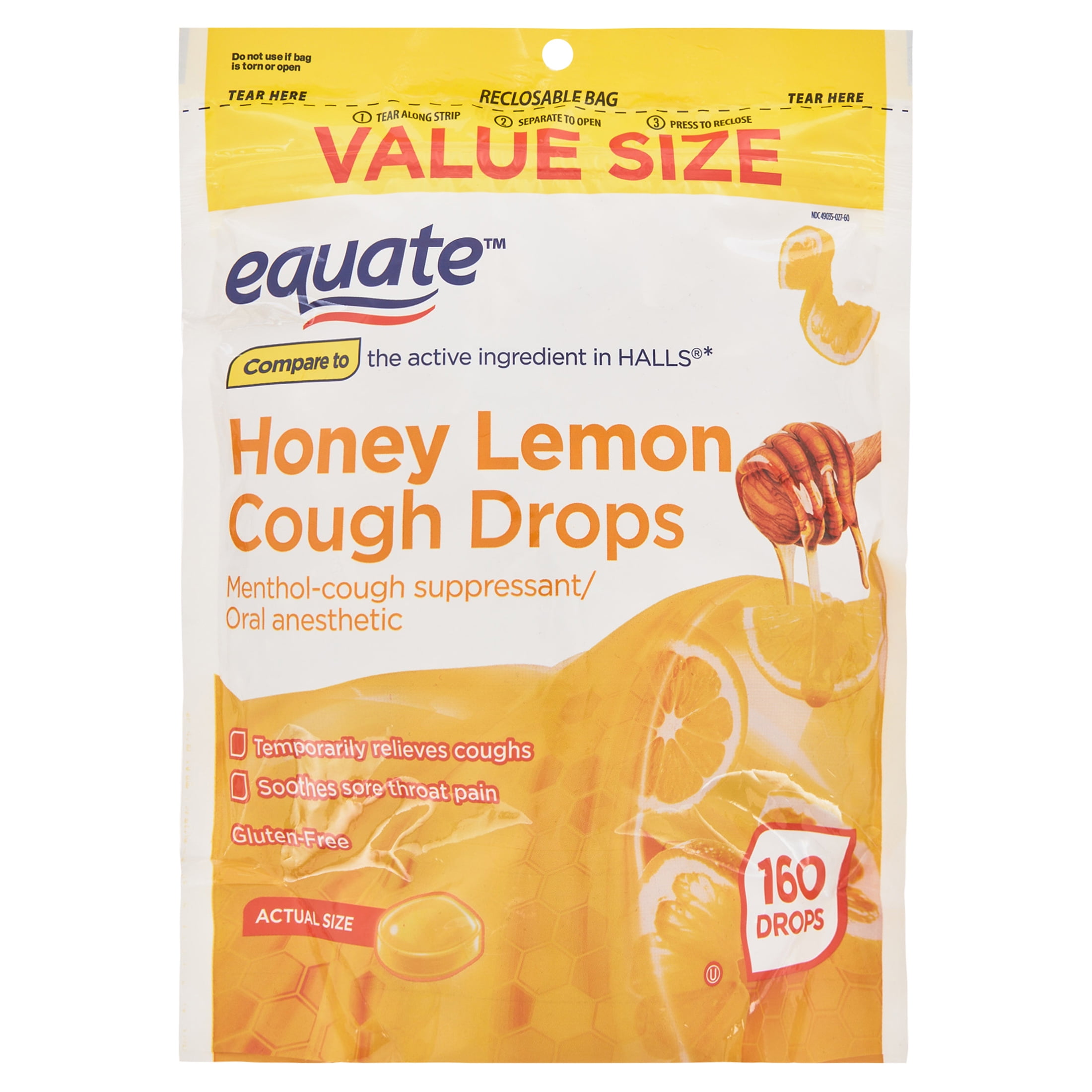 EQUATE VALUE SIZE HONEY LEMON COUGH DROPS WITH MENTHOL 160 COUNT