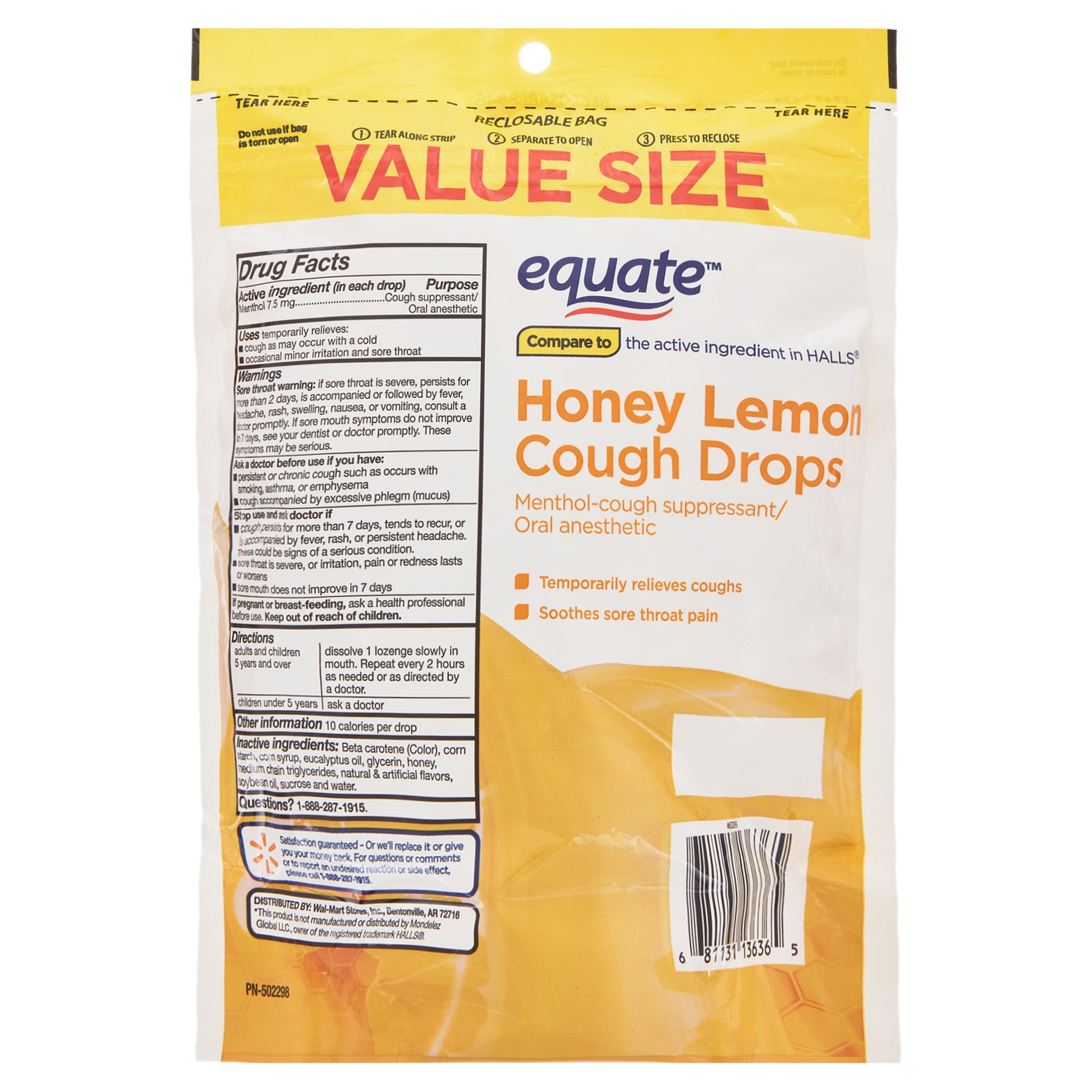 EQUATE VALUE SIZE HONEY LEMON COUGH DROPS WITH MENTHOL 160 COUNT