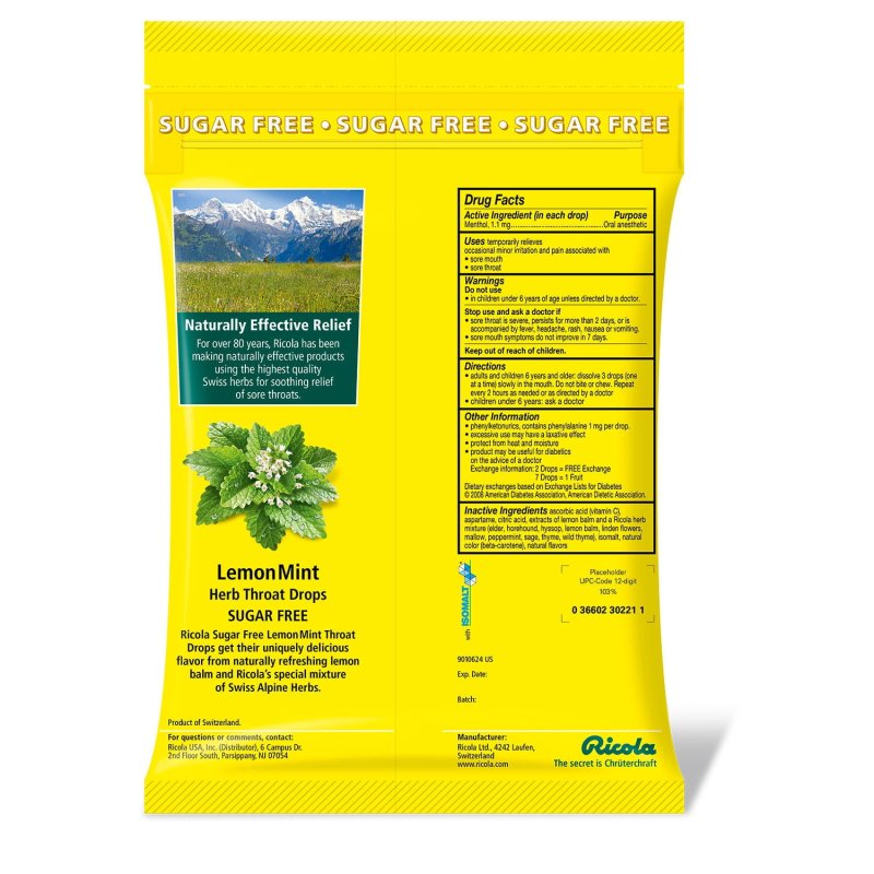 RICOLA SUGAR FREE LEMON MINT COUGH DROPS 105CT