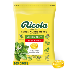 RICOLA SUGAR FREE LEMON MINT THROAT DROPS REFRESHING THROAT RELIEF ORAL ANESTHETIC 105 COUNT