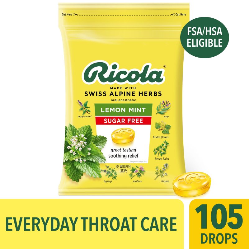 RICOLA SUGAR FREE LEMON MINT THROAT DROPS REFRESHING THROAT RELIEF ORAL ANESTHETIC 105 COUNT