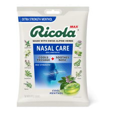 RICOLA MAX COOL MENTHOL NASAL CARE LARGE BAG COUGH SUPPRESSANT DROPS DUAL ACTION LIQUID CENTER SOOTHING LONG-LASTING RELIEF 34 COUNT