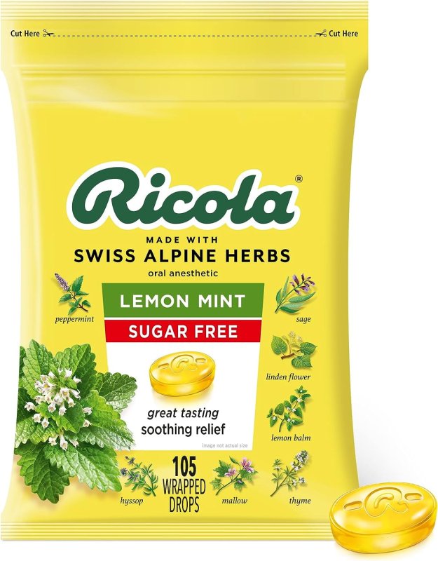 RICOLA SUGAR FREE LEMON MINT HERBAL COUGH SUPPRESSANT THROAT DROPS 105CT BAG