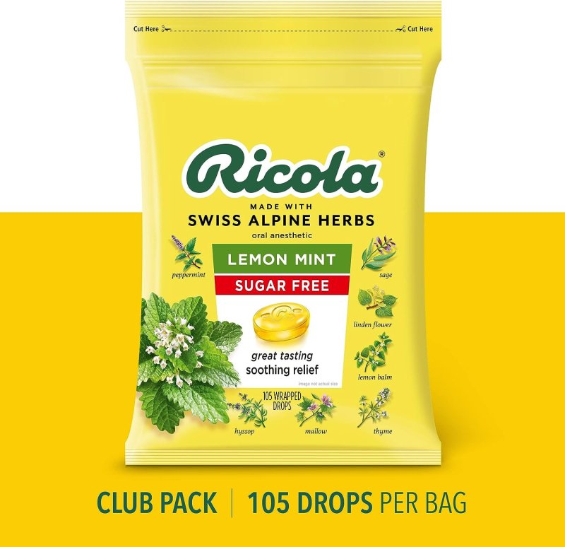 RICOLA SUGAR FREE LEMON MINT HERBAL COUGH SUPPRESSANT THROAT DROPS 105CT BAG